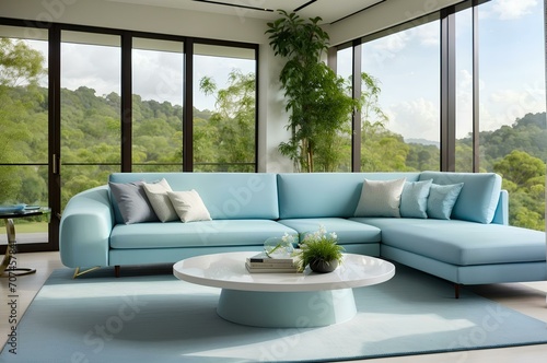 Modern house interior with comfortable sofa with beautiful natural view. living room with a view