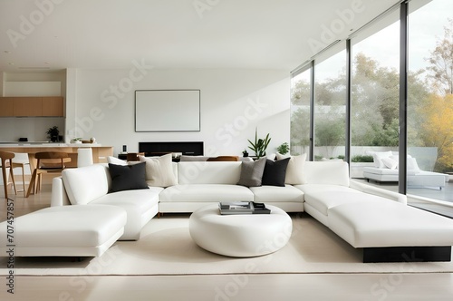 Modern living room interior with comfortable sofa facing the window