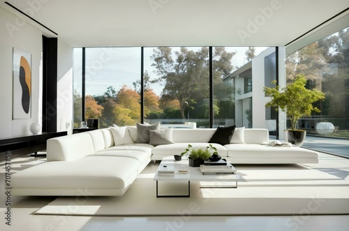 Modern house interior with comfortable sofa with beautiful natural view