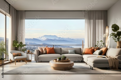 Modern house interior with comfortable sofa with beautiful mountain views. modern living room