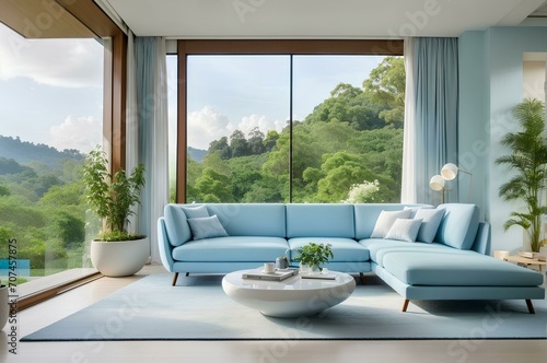 Modern villa interior with comfortable sofas with beautiful natural views. living room with a view © savior
