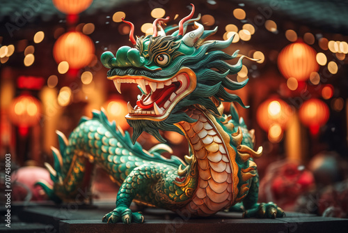 Chinese Wooden Dragon Sculpture Illuminated for New Year Celebration