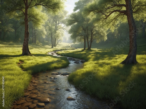 A serene scene of a stream flowing through a lush green forest
