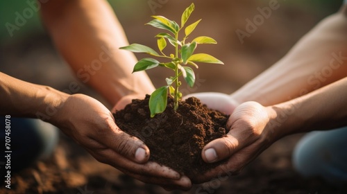 Closeup of a pair of hands carefully cradling a sapling, ready to be planted in the ground for environmental conservation efforts. photo