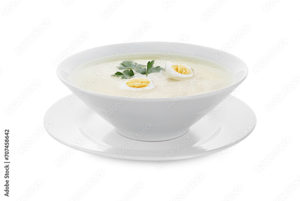 Tasty soup with egg and parsley in bowl isolated on white Tasty soup with egg and parsley in bowl isolated on white
