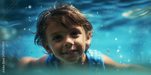 Happy kid swimming underwater and having fun childhood and summer vacation High quality photo joyful young children swimming underwater. 
