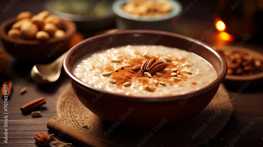 bowl of oats porridge on wooden table bowl of oats porridge on wooden table