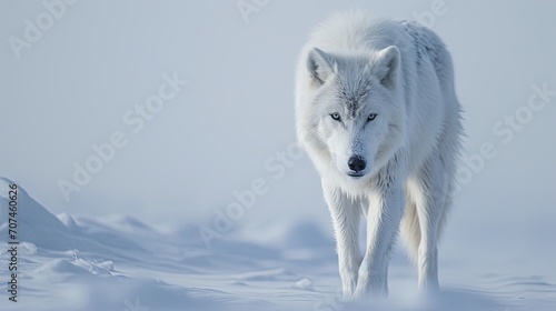 an arctic wolf walking in snow arctic landscape photo