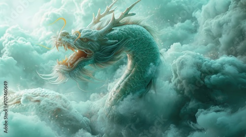 an asian dragon in light cyan with clouds surrounding it, in the style of illusory hyperrealis