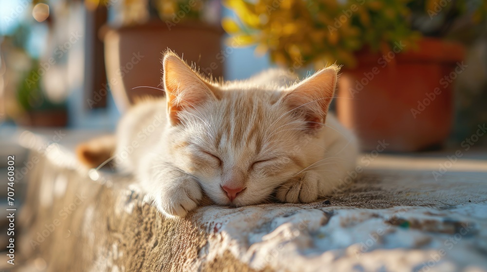 During a sunny afternoon, a small white cat with blue eyes is peacefully sleeping on the rooftop