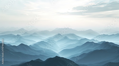  Gray-blue horizontally aligned distant mountains, large scene, 3D effect, renderer