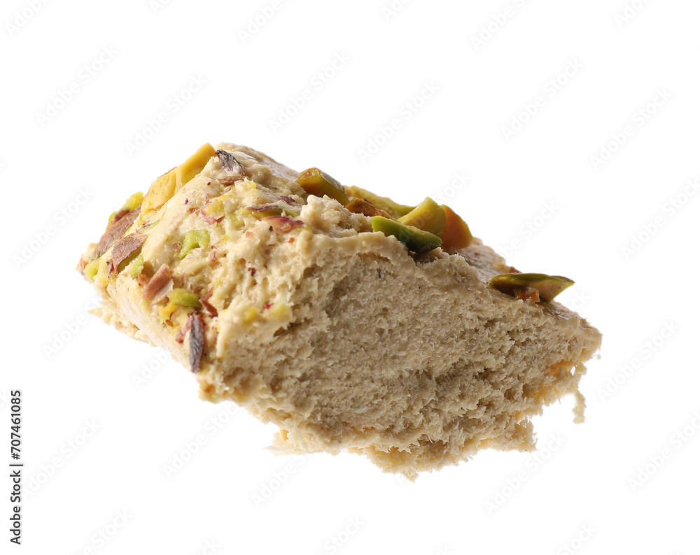 Piece of tasty pistachio halva isolated on white