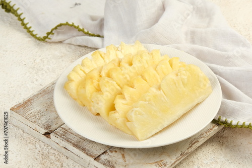 Fresh Delicious Pineapple Cut Into Pieces on White Background