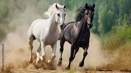 Two galloping horses, one white and one black, beautiful and tall, all ears and hooves must appear in the photo. Elegant, running fast, splashing a lot of dust