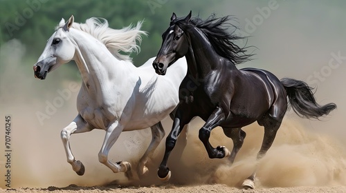 Two galloping horses, one white and one black, beautiful and tall, all ears and hooves must appear in the photo. Elegant, running fast, splashing a lot of dust