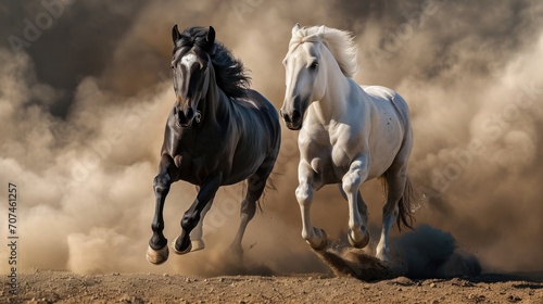 Two galloping horses  one white and one black  beautiful and tall  all ears and hooves must appear in the photo. Elegant  running fast  splashing a lot of dust