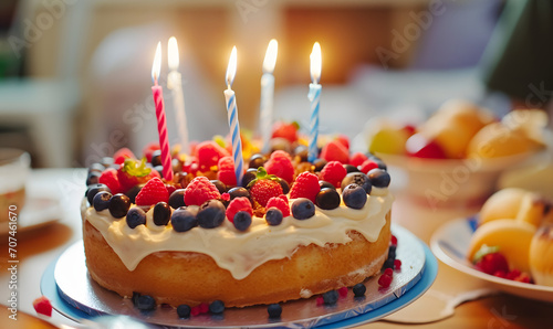Birthday cake decorated with berries, Generative AI 