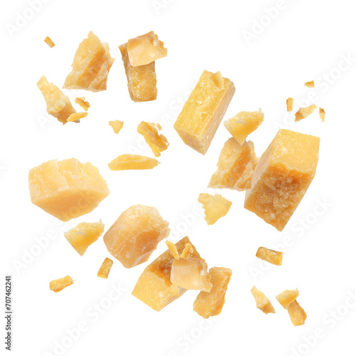 Tasty parmesan cheese falling on white background