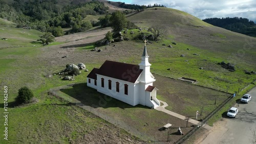 St Mary's Catholic Church, Drone Special Effect Morph Into Globe, Nicasio, Marin County, California, Drone Footage, Aerial Photography photo
