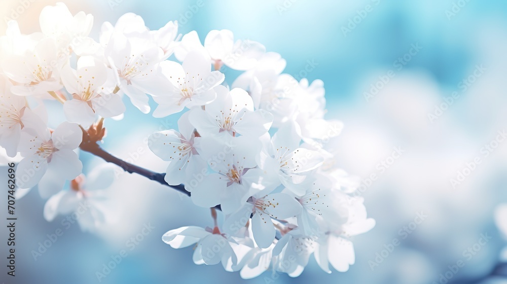 Branches of blossoming cherry macro with soft focus on gentle light blue sky background in sunlight with copy space. Beautiful floral image of spring nature panoramic view., generative ai