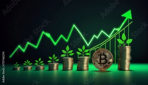 Bitcoin trading bull market growing with green stick trading chart and arrows, Financial growth arrow graph. Growth of an investment. Generative AI