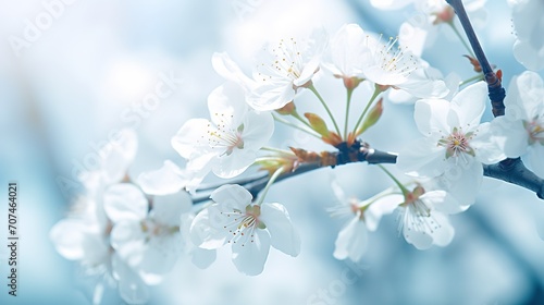 Branches of blossoming cherry macro with soft focus on gentle light blue sky background in sunlight with copy space. Beautiful floral image of spring nature panoramic view., generative ai