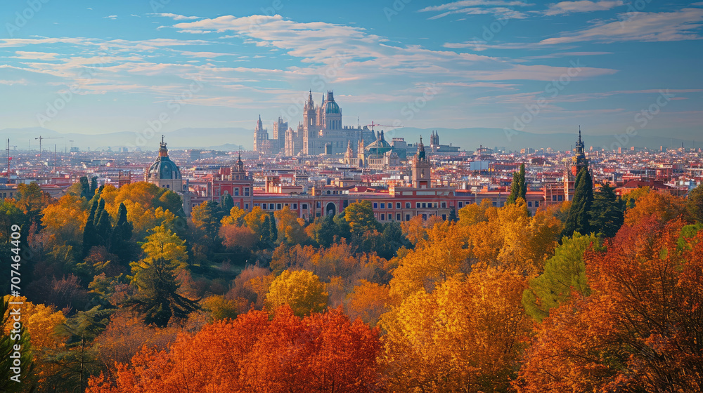 Panoramic view of Madrid with the Cathedral of Santa María la Real de la Almudena in the background
