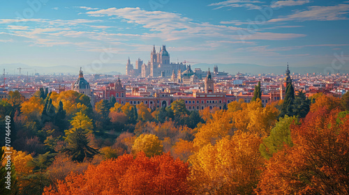 Panoramic view of Madrid with the Cathedral of Santa María la Real de la Almudena in the background 