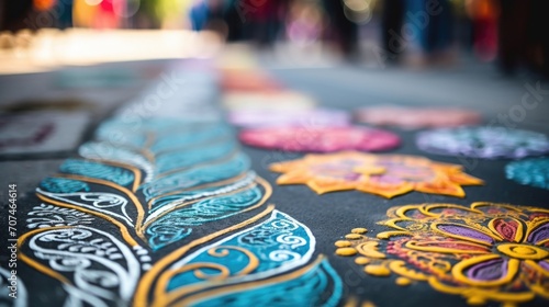 Detailed view of chalk art on the sidewalk, featuring intricate portraits and designs.