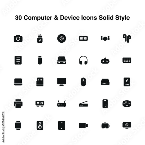 Illustration vector graphic icon of 30 Computer And Device Icons Set. Solid Style Icon. Vector illustration isolated on white background. Perfect for website or application design. photo
