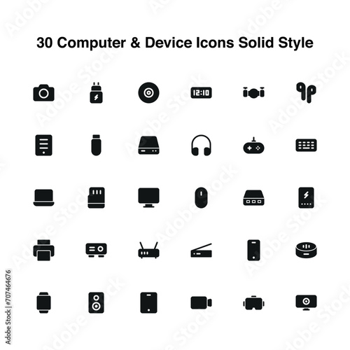 Illustration vector graphic icon of 30 Computer And Device Icons Set. Solid Style Icon. Vector illustration isolated on white background. Perfect for website or application design.