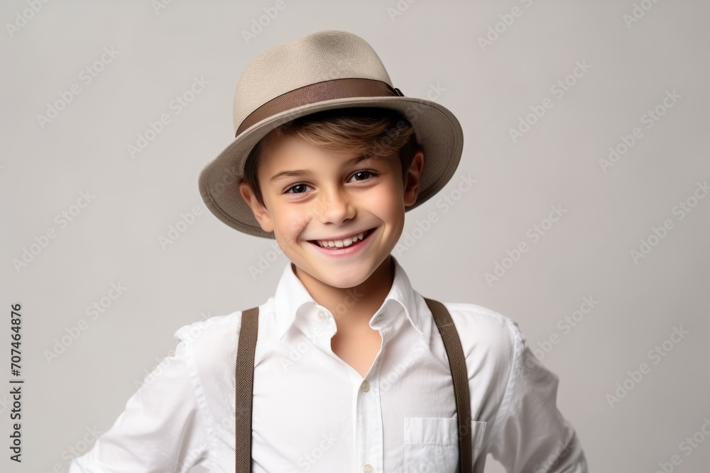 Portrait of a little boy in a hat on a gray background Portrait of a little boy in a hat on a gray background