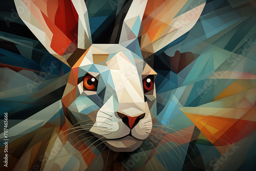 Rabbit on a background with playful geometry, in the style of precision painting, playful abstraction, spray painted realism, dotted, detailed painting, caninecore, lowbrow art, Generative Ai photo