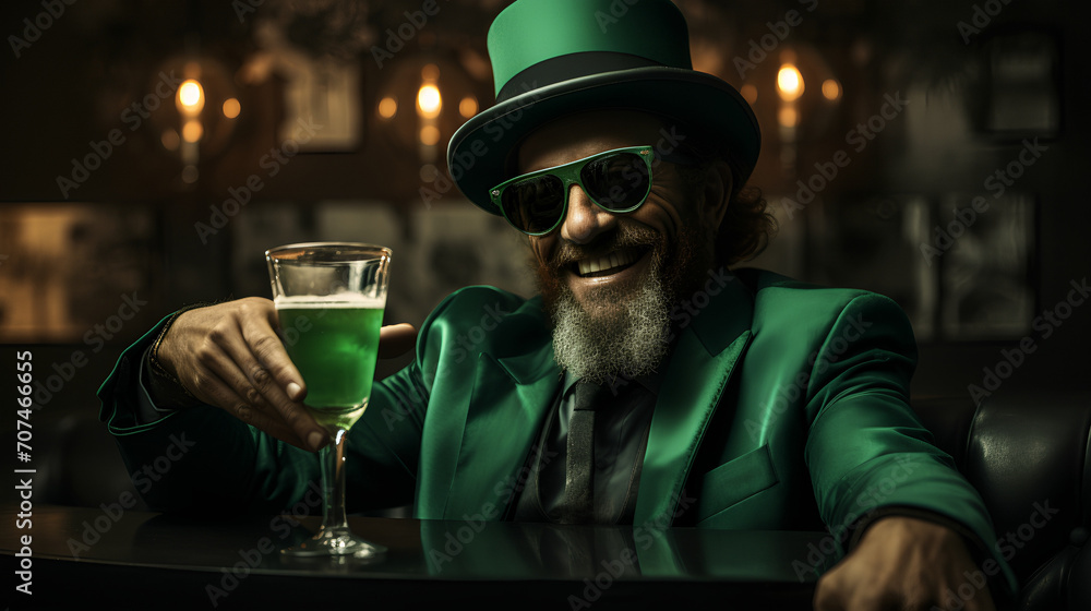 Leprechaun drinking beer - man dressed in green outfit for Saint Patrick’s Day - party - bar - pub - festival Leprechaun drinking beer - man dressed in green outfit for Saint Patrick’s Day - party - bar - pub - festival