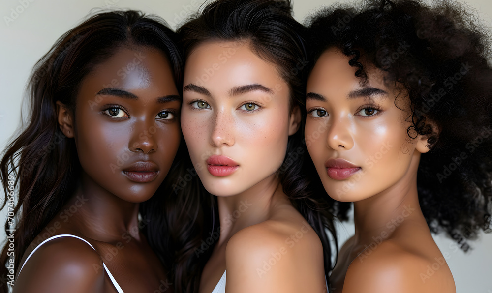 three beautiful female models standing next to each other at a fashion ad show, Generative AI three beautiful female models standing next to each other at a fashion ad show, Generative AI
