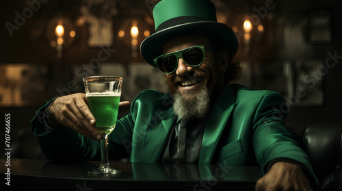 Leprechaun drinking beer - man dressed in green outfit for Saint Patrick’s Day - party - bar - pub - festival 