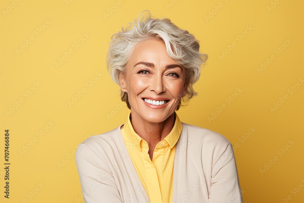 Portrait of happy senior woman with grey hair, isolated on yellow background Portrait of happy senior woman with grey hair, isolated on yellow background