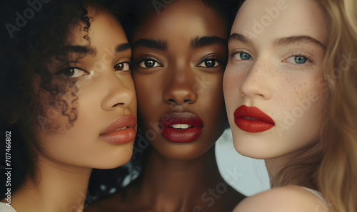 three beautiful female models standing next to each other at a fashion ad show, Generative AI 
