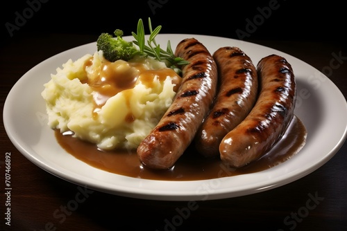 Bangers and mash, a classic pairing of sausages and mashed potatoes, bathed in rich onion gravy,