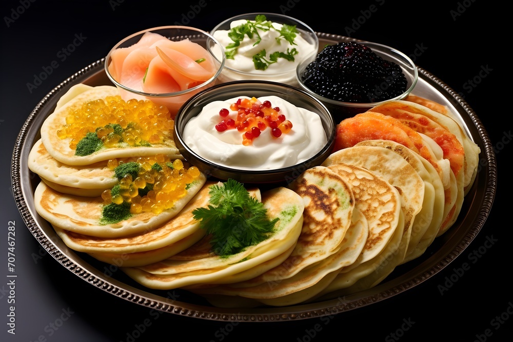 Blini, thin Russian pancakes served with an array of toppings, from caviar to sour cream, Blini, thin Russian pancakes served with an array of toppings, from caviar to sour cream,