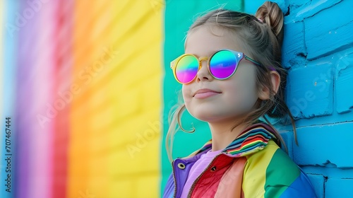 Fashionable little girl with rainbow sunglasses and a colorful jacket, standing against a rainbow background. Happy childhood, beauty, school and ad photo