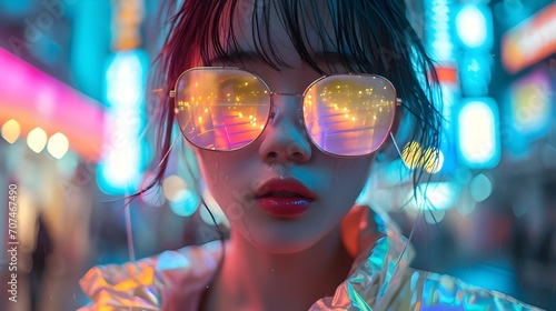 Portrait of young asian teenage girl woman with shiny glitter sunglasses reflection night city street red lipstick futuristic clothing surreal fashion syle make-up concept.
