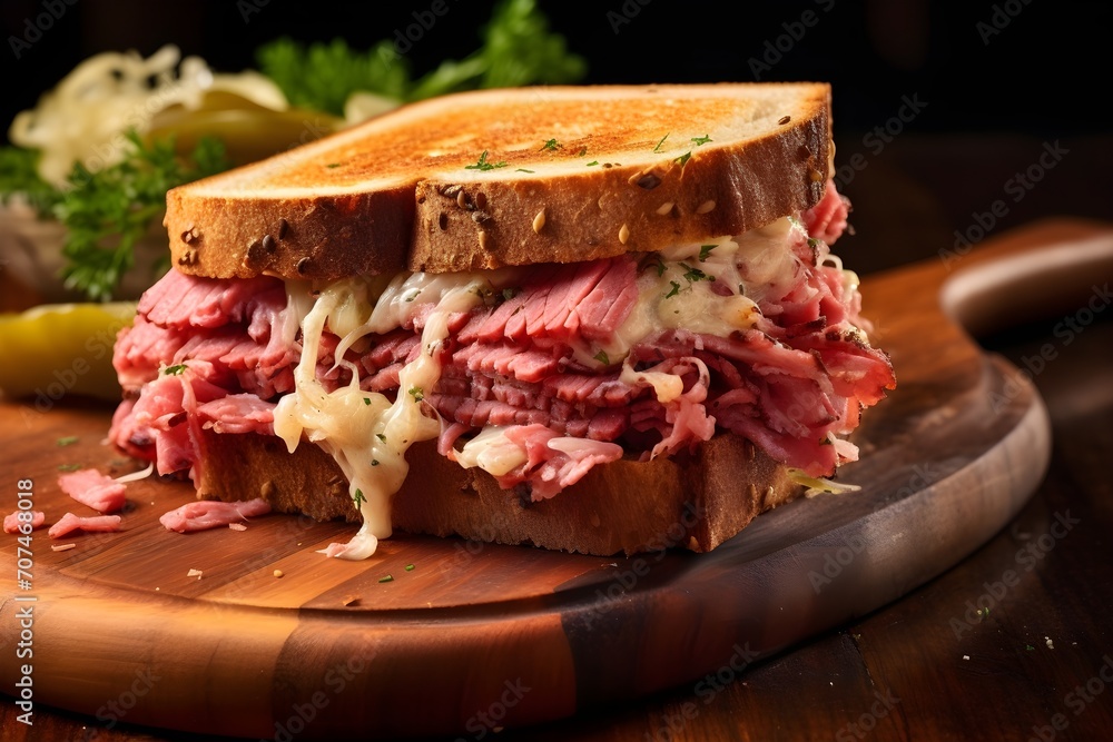 Classic Reuben sandwich, with layers of corned beef, sauerkraut, Swiss cheese, - obrazy, fototapety, plakaty 