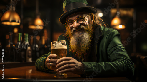 Leprechaun drinking beer - man dressed in green outfit for Saint Patrick’s Day - party - bar - pub - festival  photo