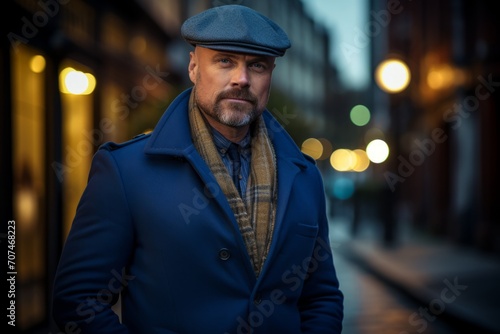 Portrait of a handsome middle-aged man in a blue coat and beret on a city street at night.