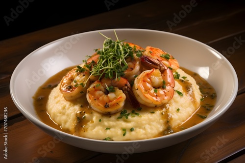 Elegant shrimp and grits, a Southern specialty featuring creamy grits topped with plump,
