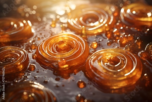Glistening jalebis, spiral-shaped sweets dripping with sugary syrup photo