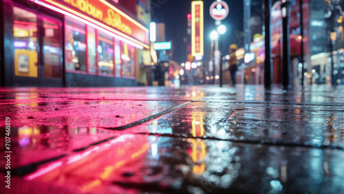 Rainy city street at night  colourful pink and yellow reflections on wet pavement  giving a sense of urban vibrancy and life