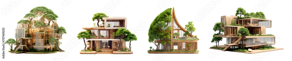 Set of 3d Luxurious modern cozy wooden house with parking, isolated on white and transparent background