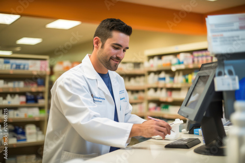 Smiling Male Pharmacist Standing in Retail Pharmacy, Offering Professional Service